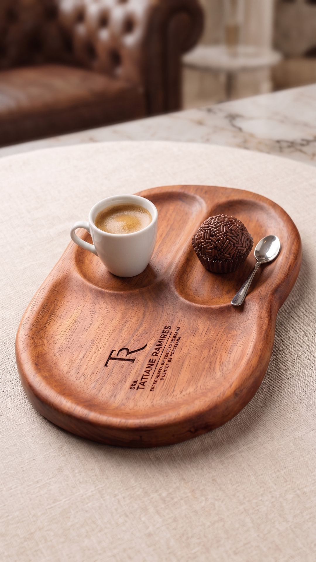 Projeto customizado — Mini bandeja de servir em formato orgânico. Design exclusivo feito à mão em madeira freijó, com técnicas de tingimento e suavização de bordas.